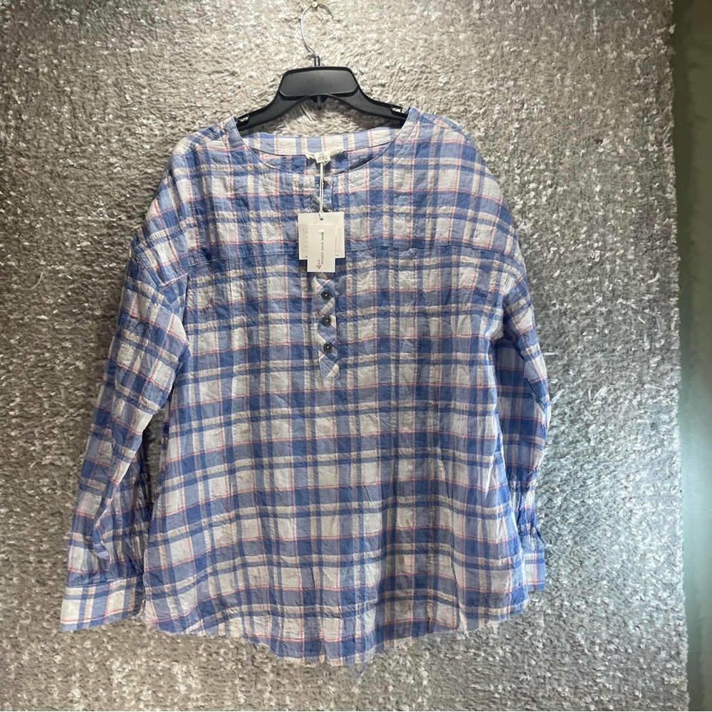 Beach Lunch Lounge L Blue Plaid Mia Top Crinkle Lightweight Fringe Hem NWT